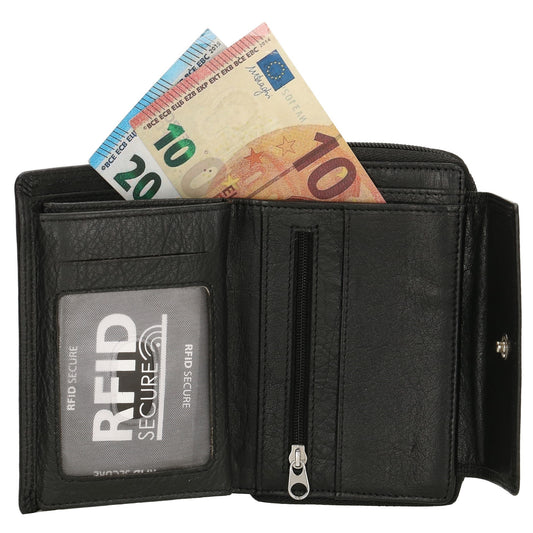 Lederbörse 13x9cm mit Überschlag in Schwarz und RFID-Schutz