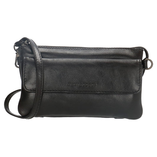 Umhängetasche| Mini Bag 20,5 x 12cm in Schwarz aus Leder mit Vortasche - leder-accessoires.com