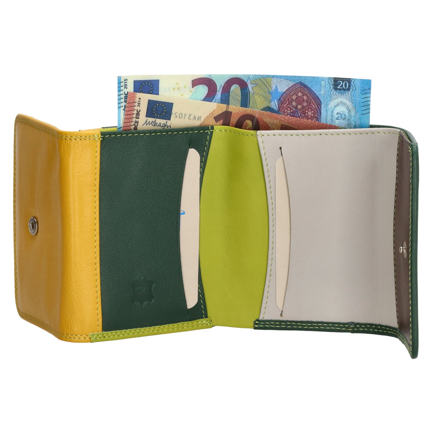 Lederbörse bunt 10,5x8,5cm in Grün mit Überschlag und RFID-Schutz