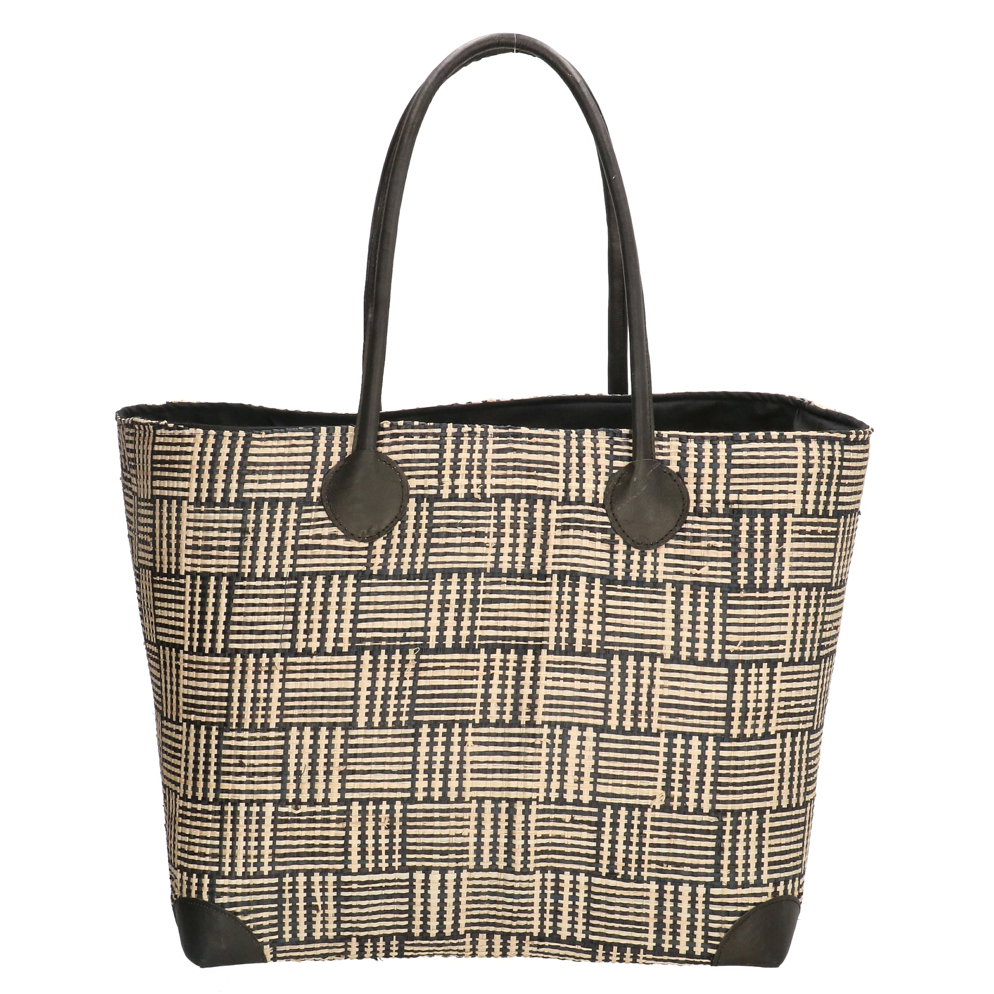 Basttasche-| Korb 37 x 35cm in Schwarz| Natur mit Kordelzug innen - leder-accessoires.com