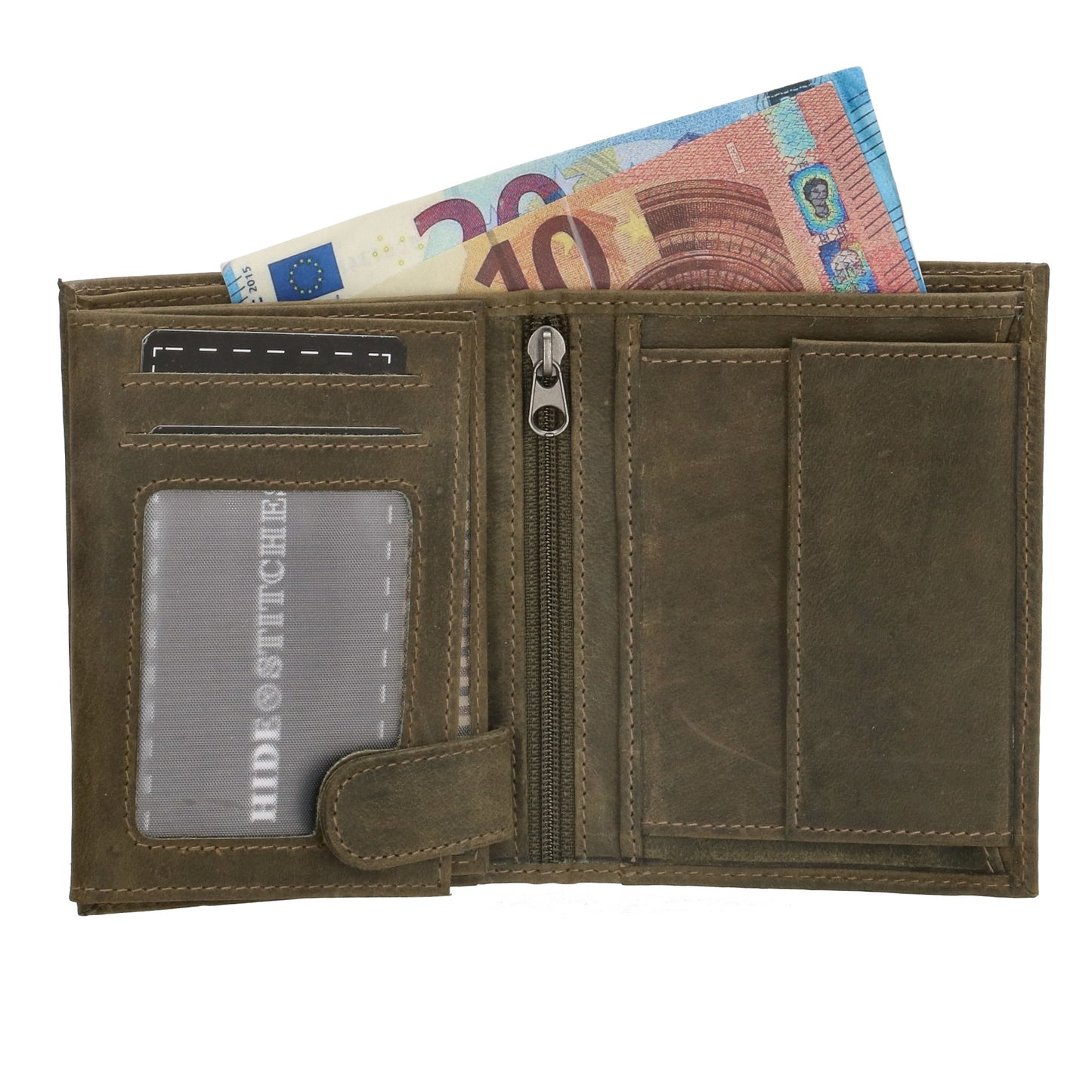 Geldbörse Hochformat 12 x 9cm mit Riegel in Olivgrün aus Leder