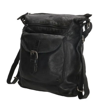 Tasche zum Rucksack aus Leder in Schwarz mit Vortasche