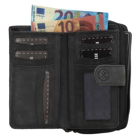 Lederbörse 16,5x10cm aus Kuhfell in Schwarz mit Riegel und RFID-Schutz