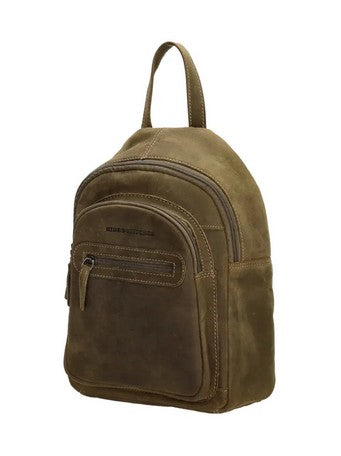 Rucksack aus Leder in Oliv mit Reißverschluss und Vortasche