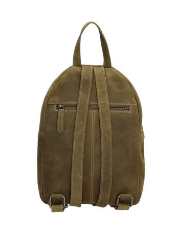 Rucksack aus Leder in Oliv mit Reißverschluss und Vortasche