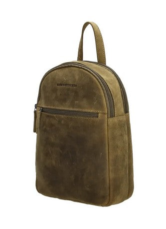 Rucksack aus Leder in Oliv mit Reißverschluss und Vortasche