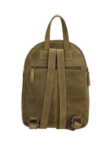 Rucksack aus Leder in Oliv mit Reißverschluss und Vortasche
