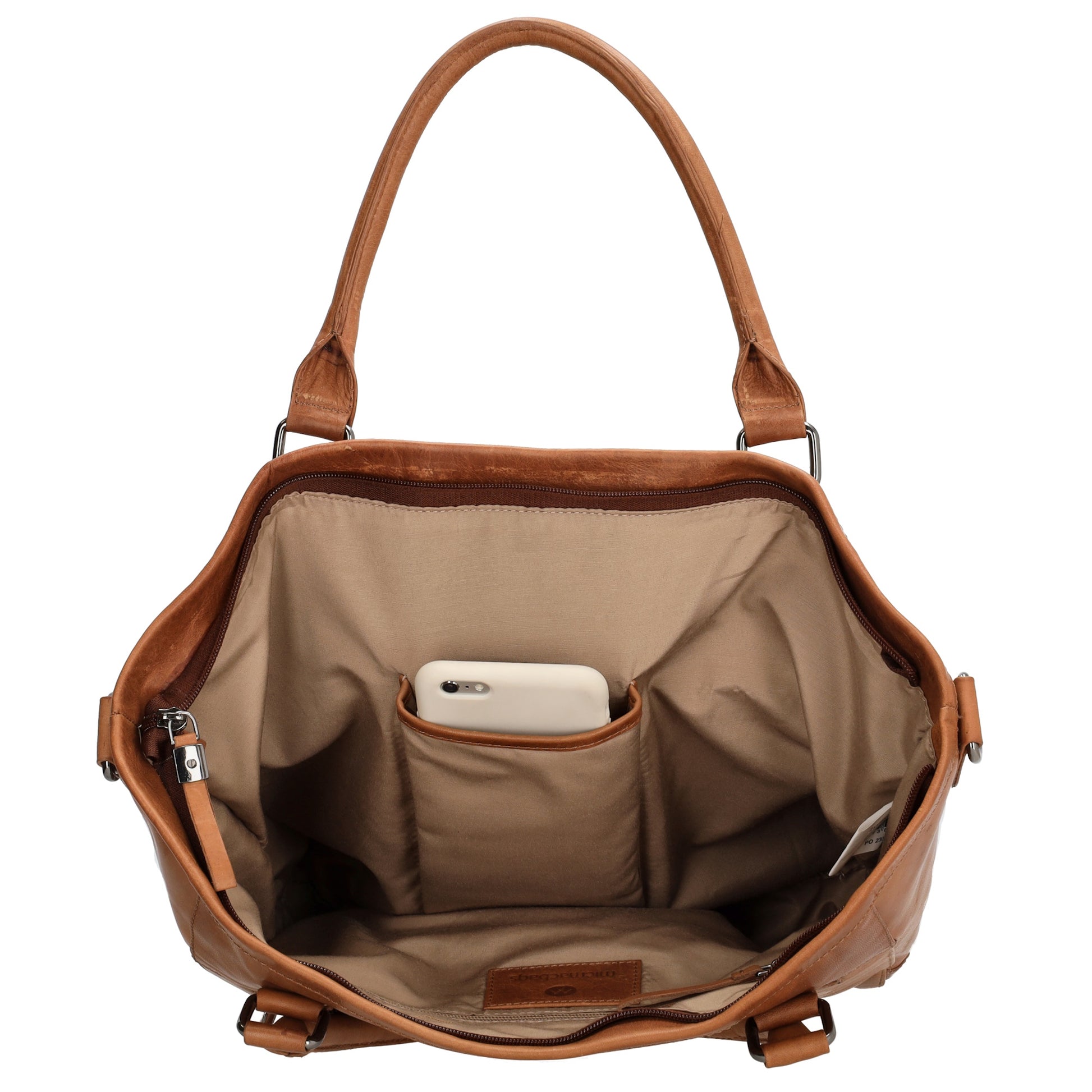 Schultertasche 31 x 29cm in Cognac aus Leder mit Reißverschluss - leder-accessoires.com