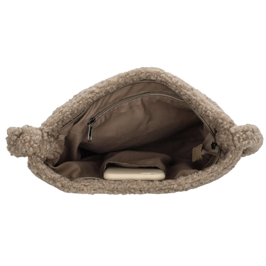 Umhängetasche Teddyfell 24 x 33cm in Taupe mit Reißverschluss - leder-accessoires.com