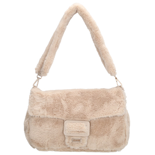 Schultertasche mit Überschlag aus Kunstfell in Creme
