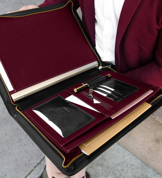 Dokumentenmappe-| Organizer A4 in Schwarz mit Reißverschluss - leder-accessoires.com