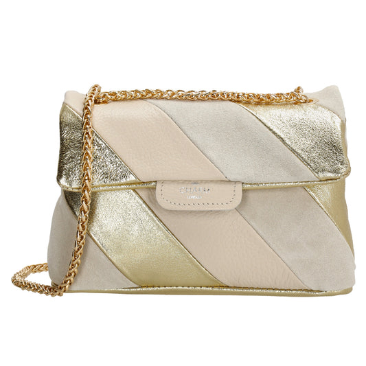 Clutch|Umhängetasche 22x14cm in Metallic Beige aus Leder