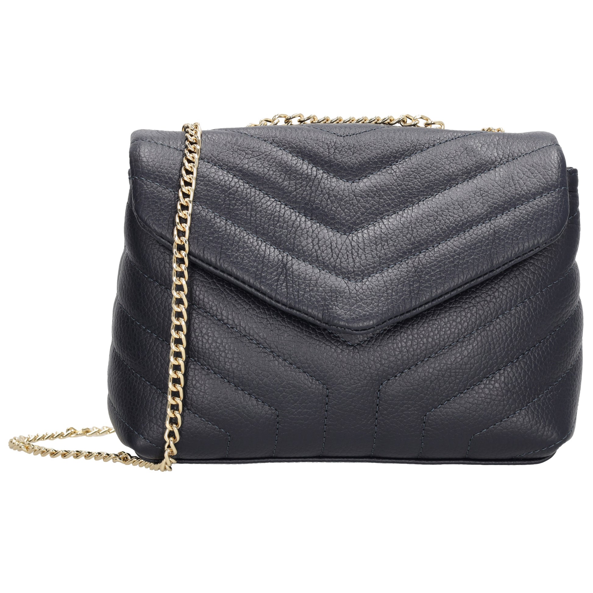 Schultertasche 25x15cm in Blau mit gestepptem Leder und Kettenriemen Gold - leder-accessoires.com