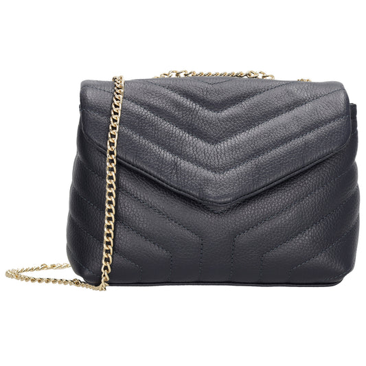 Schultertasche 25x15cm in Blau mit gestepptem Leder und Kettenriemen Gold - leder-accessoires.com