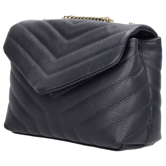 Schultertasche 25x15cm in Blau mit gestepptem Leder und Kettenriemen Gold - leder-accessoires.com