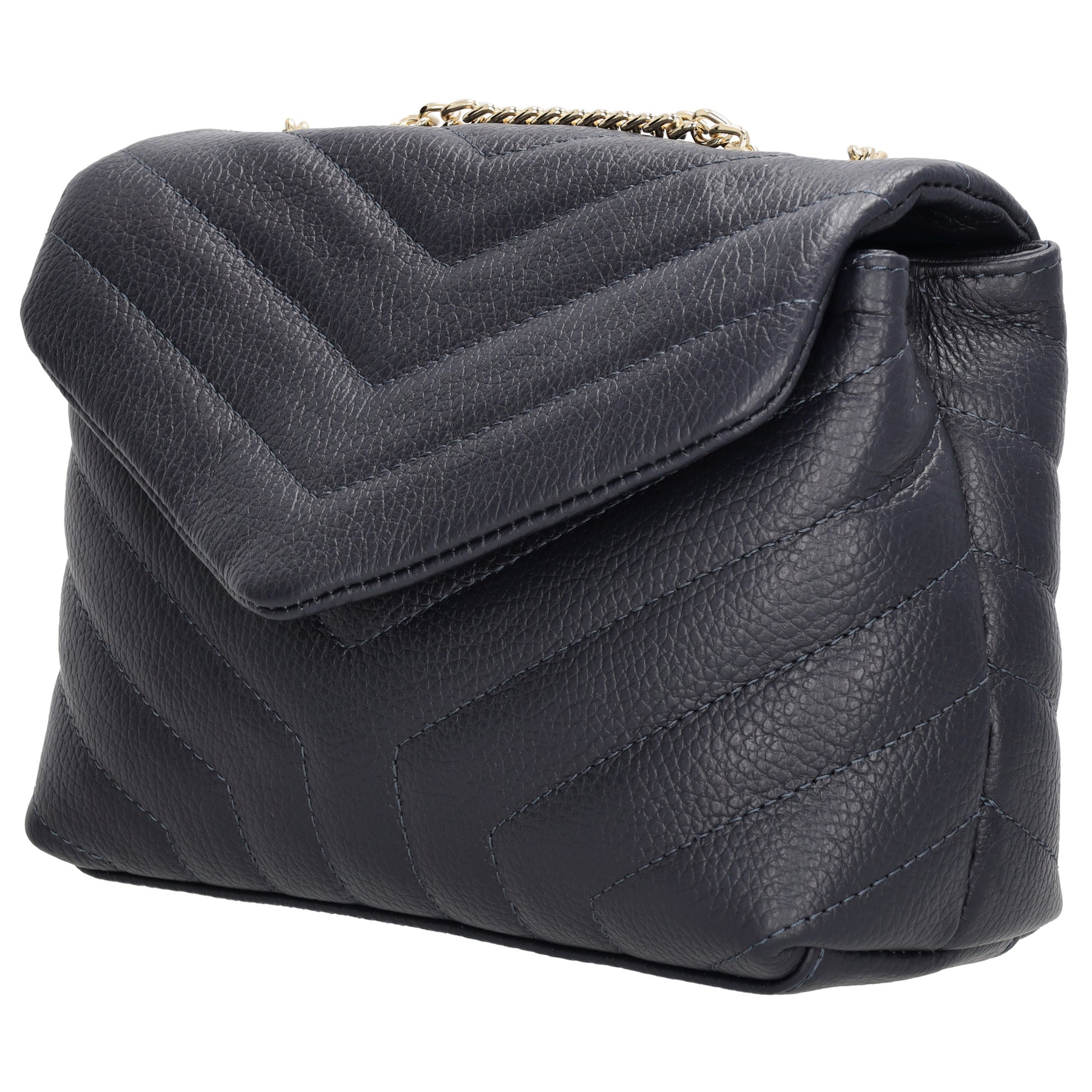 Schultertasche 25x15cm in Blau mit gestepptem Leder und Kettenriemen Gold - leder-accessoires.com