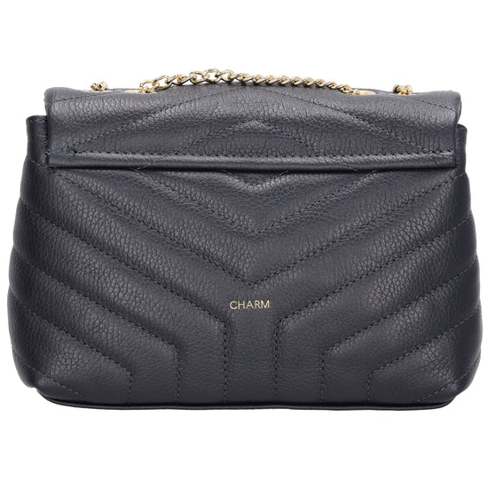 Schultertasche 25x15cm in Blau mit gestepptem Leder und Kettenriemen Gold - leder-accessoires.com