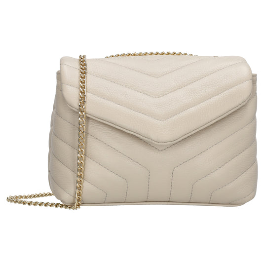 Schultertasche 25x15cm in Beige mit gestepptem Leder und Kettenriemen Gold - leder-accessoires.com