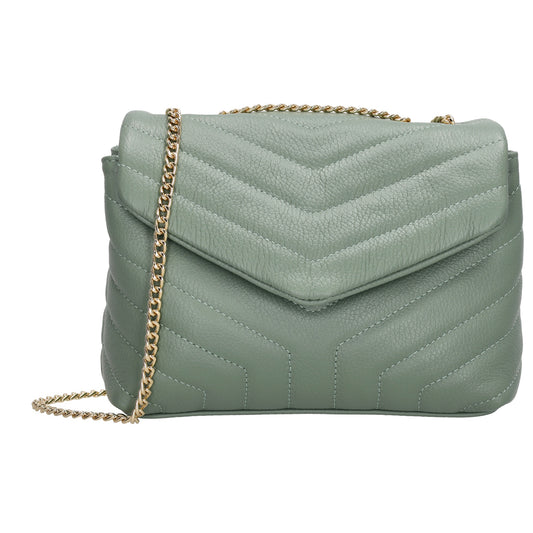 Schultertasche 25x15cm in Mint mit gestepptem Leder und Kettenriemen Gold - leder-accessoires.com