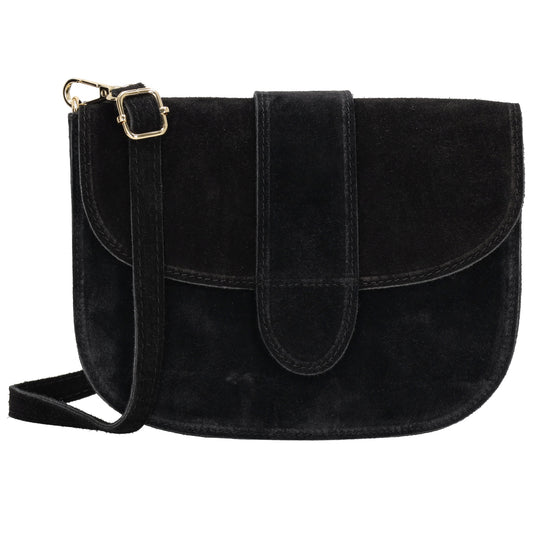 Sattel-| Schultertasche 21 x 16cm in Schwarz aus Leder mit Überschlag - leder-accessoires.com