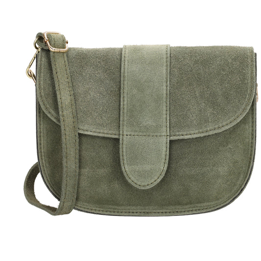 Sattel-| Schultertasche 21 x 16cm in Olivgrün aus Leder mit Überschlag - leder-accessoires.com