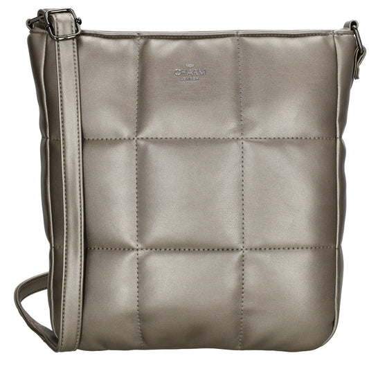 Schultertasche gesteppt 25 x 27cm in Pewter| Grau Metallic mit Reißverschluss - leder-accessoires.com