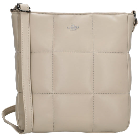 Schultertasche gesteppt 25 x 27cm in Beige mit Reißverschluss - leder-accessoires.com
