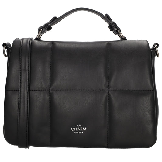 Schultertasche gesteppt 27 x 19cm in Schwarz mit Überschlag und Kurzgriff - leder-accessoires.com