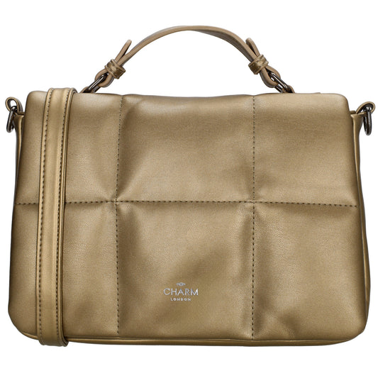 Schultertasche gesteppt 27 x 19cm in Gold Metallic mit Überschlag und Kurzgriff - leder-accessoires.com
