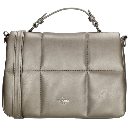 Schultertasche gesteppt 27 x 19cm in Silber Metallic mit Überschlag und Kurzgriff - leder-accessoires.com
