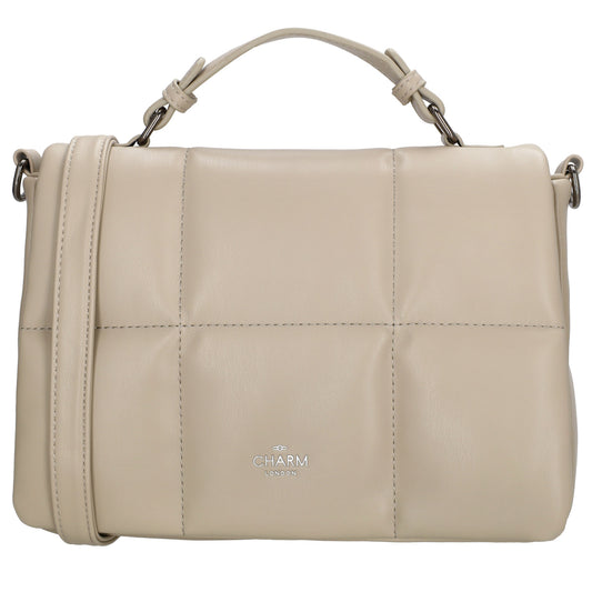 Schultertasche gesteppt 27 x 19cm in Helltaupe mit Überschlag und Kurzgriff - leder-accessoires.com