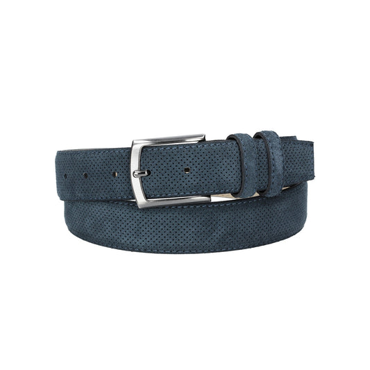 Herren-|Anzugsgürtel 35mm Blau abgenäht in Veloursleder bombiert mit Lochmuster - leder-accessoires.com