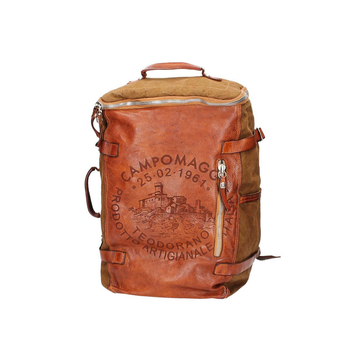 Rucksack/Koffer "Marte“ aus Canvas in Militärgrün und Leder in Cognac