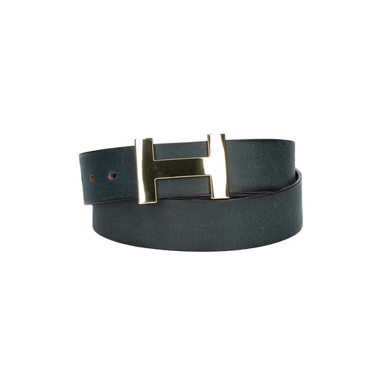 Ledergürtel Marine 40mm mit H-Schließe in Gold - leder-accessoires.com