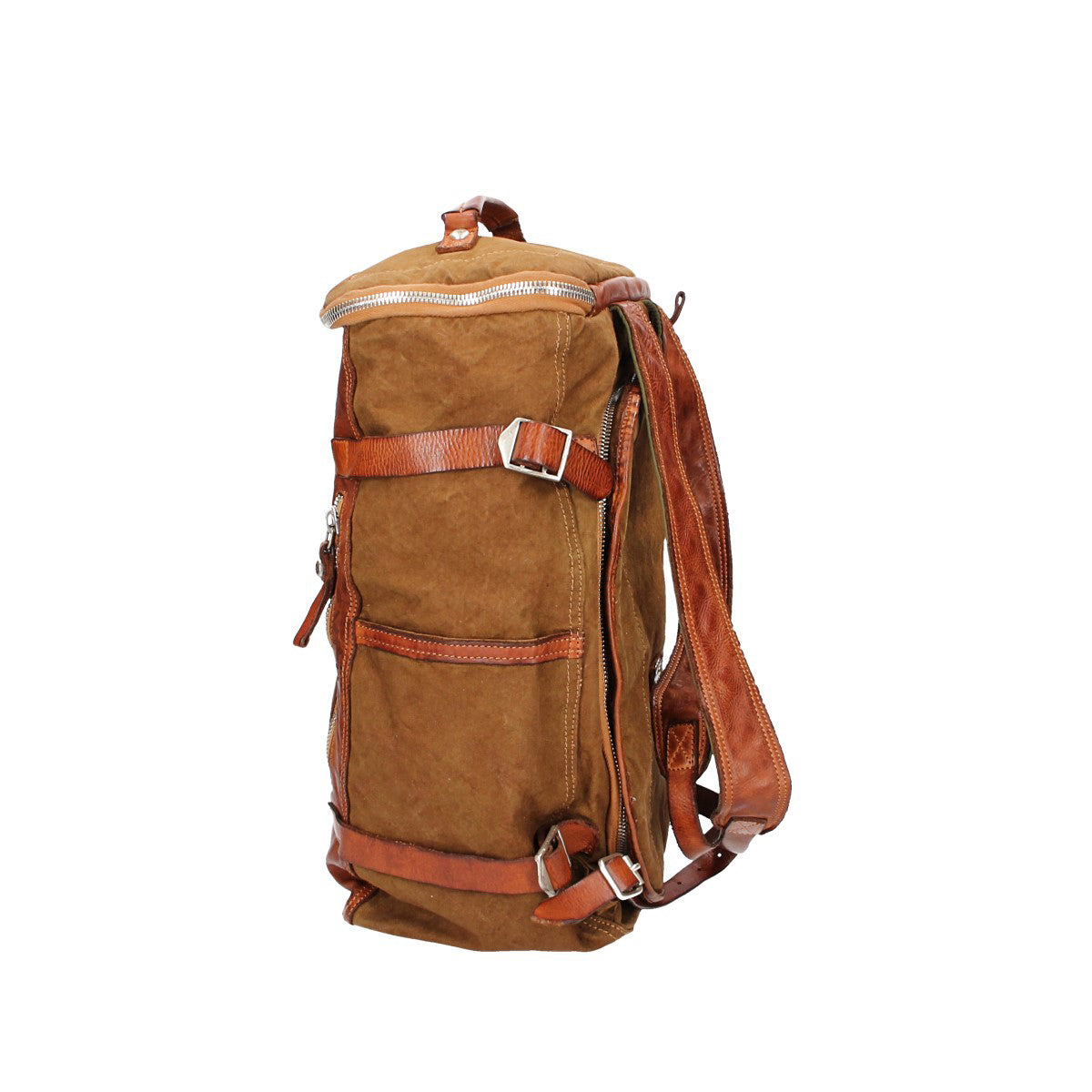 Rucksack/Koffer "Marte“ aus Canvas in Militärgrün und Leder in Cognac