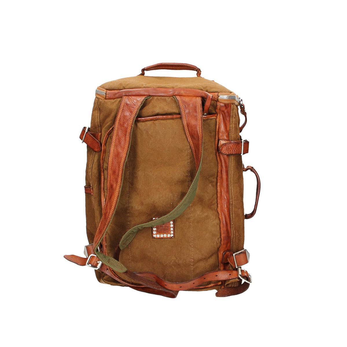 Rucksack/Koffer "Marte“ aus Canvas in Militärgrün und Leder in Cognac