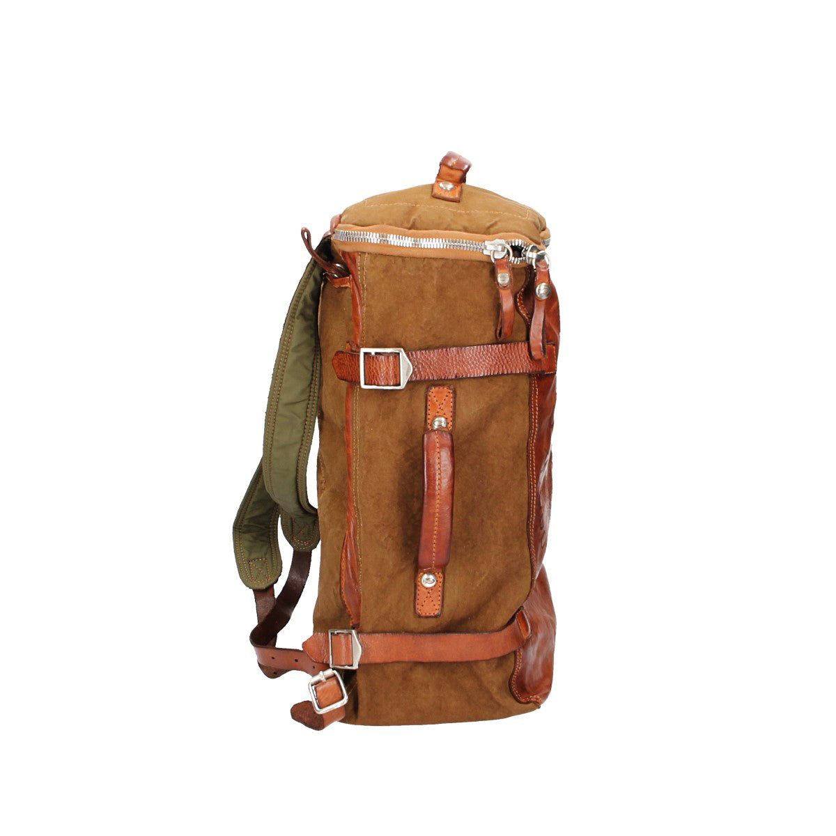 Rucksack/Koffer "Marte“ aus Canvas in Militärgrün und Leder in Cognac