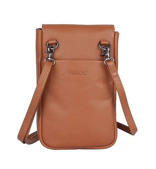 Handytasche aus Leder in Cognac mit Überschlag und Steckschloss