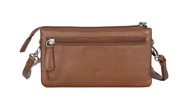 Umhänge-|Schultertasche aus Leder in Cognac mit Reißverschluss