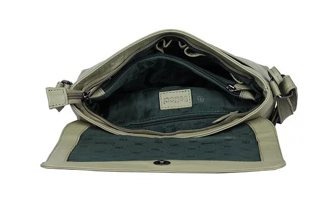 Umhängetasche Querformat aus Leder in Olive mit Überschlag