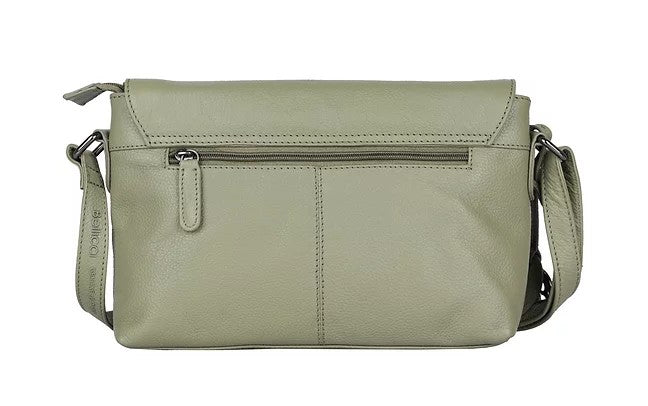 Umhängetasche Querformat aus Leder in Olive mit Überschlag