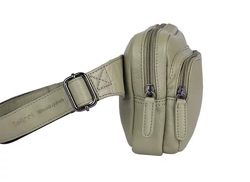 Gürteltasche|Bodybag aus Leder in Oliv mit Reißverschluss und Vortasche