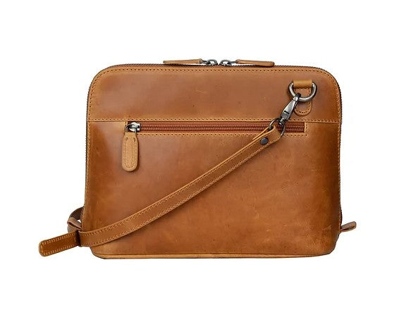 Umhängetasche aus Leder in Cognac mit Reißverschluss und Vortasche