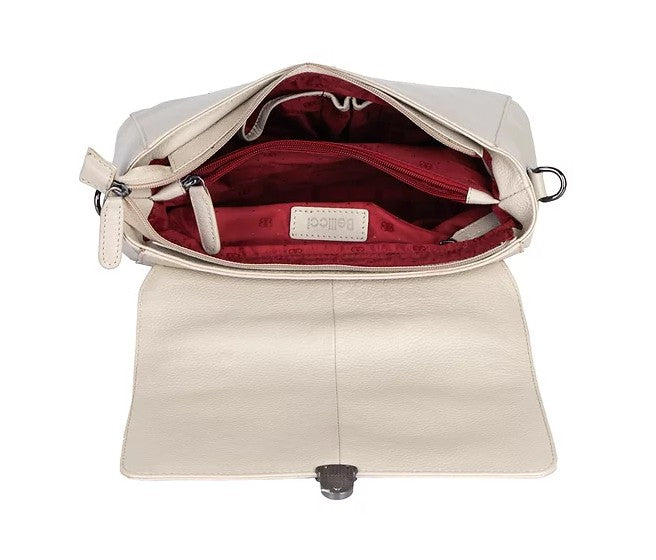 Kurzgrifftasche aus Leder in Beige mit Überschlag und Steckschloss