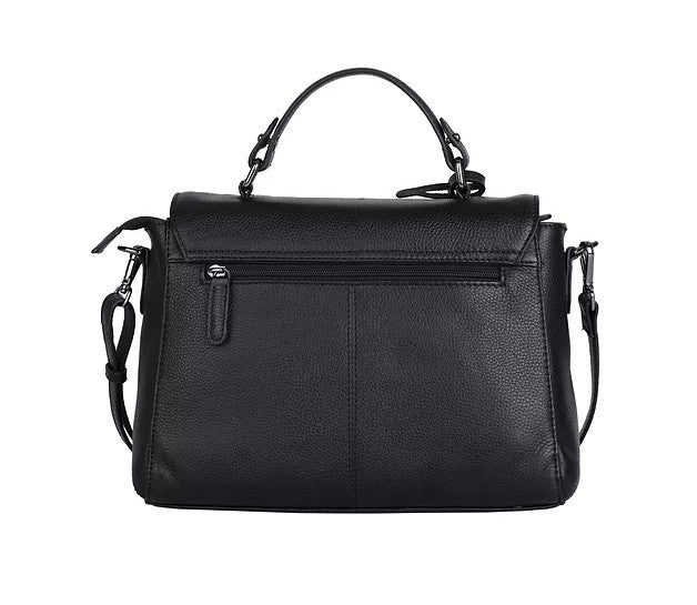 Kurzgrifftasche aus Leder in Schwarz mit Überschlag und Steckschloss