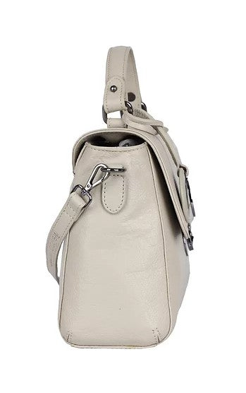 Kurzgrifftasche aus Leder in Beige mit Überschlag und Steckschloss