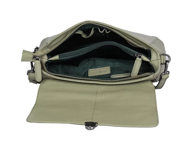 Kurzgrifftasche aus Leder in Olive mit Überschlag und Steckschloss