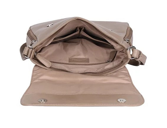Umhängetasche aus Leder in Taupe|Beige mit Überschlag