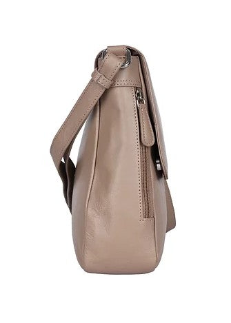 Umhängetasche aus Leder in Taupe|Beige mit Überschlag