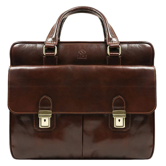 Aktentasche aus Leder in Braun mit Reißverschluss und zwei Vortaschen - leder-accessoires.com